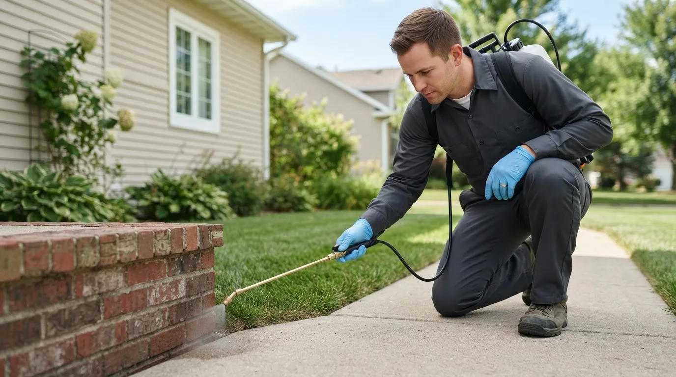 Pest control technician treating a home near Cabot, VT
